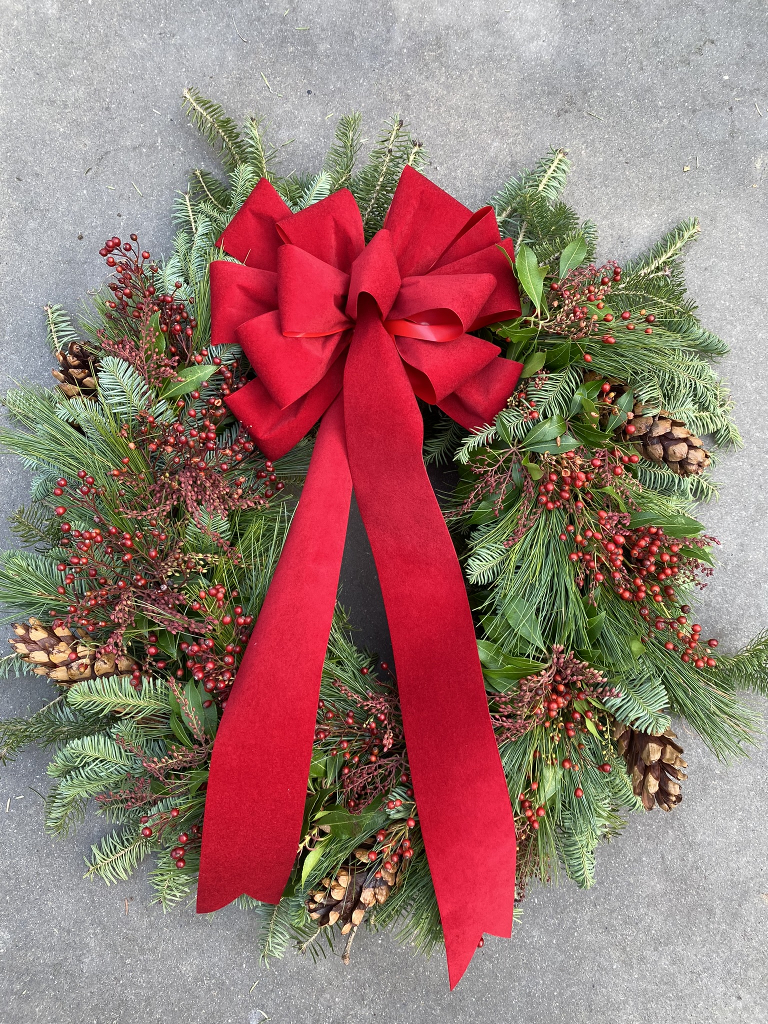 Evergreen Wreath with Red Bow – Holiday Door Décor