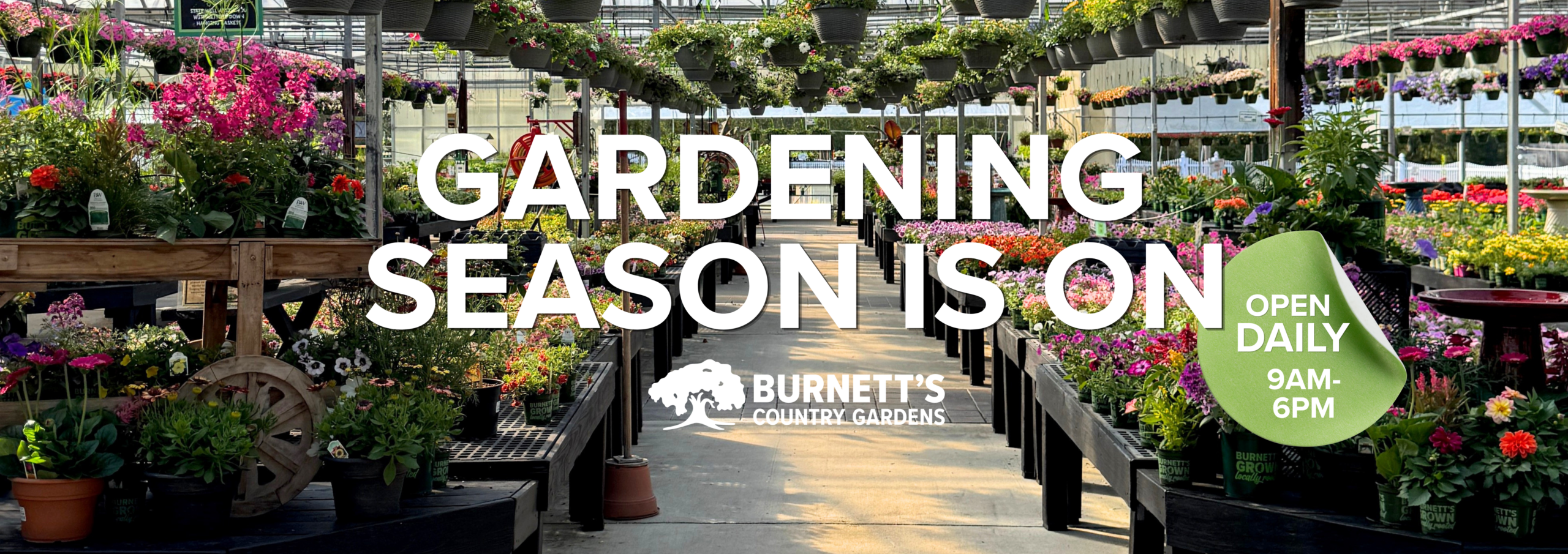 A seasonal view of Burnett’s Country Gardens garden center in Salem, Connecticut, filled with fresh plants, flowers, and garden inspiration