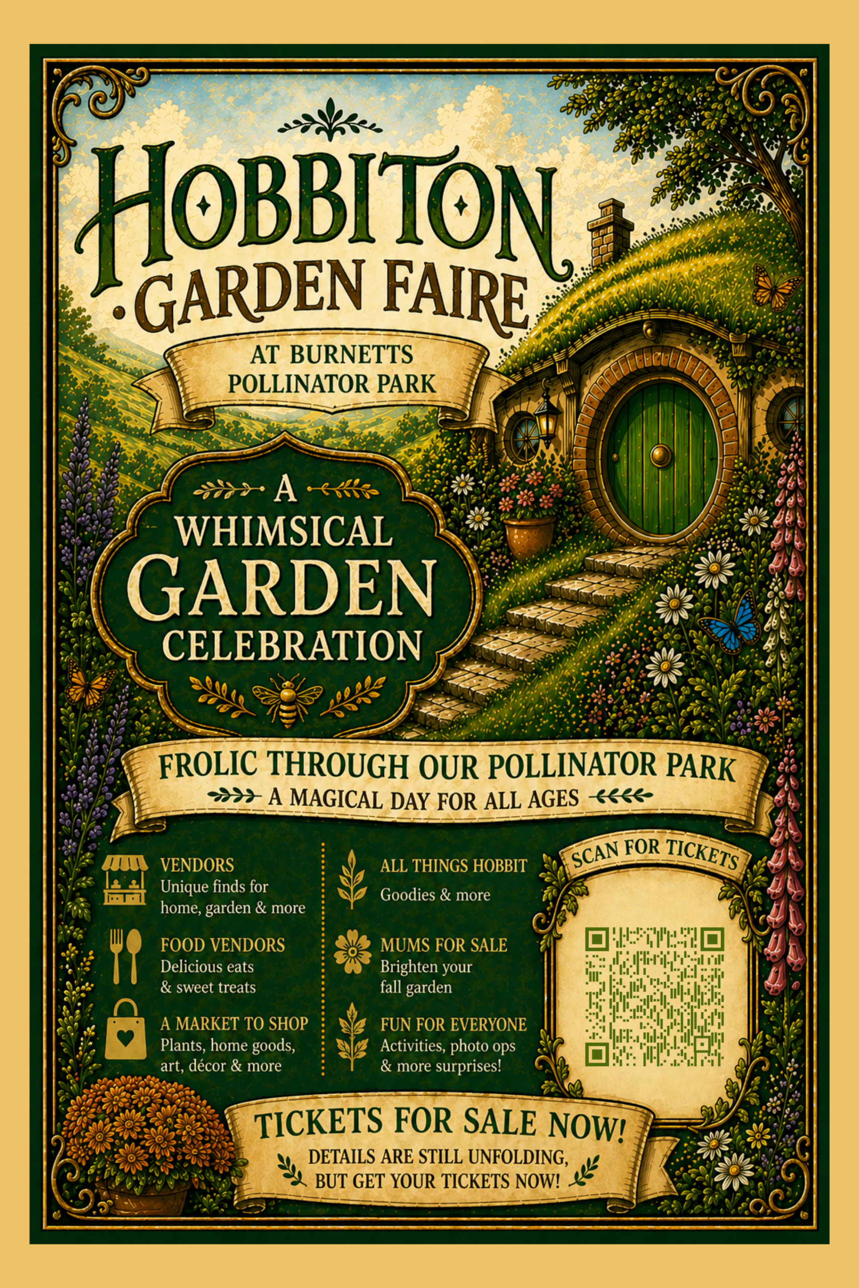 Poster for the Hobbiton Garden Faire at Burnett’s in Salem, CT, featuring a fall garden event with vendors, mums, pumpkins, food, and Hobbit-inspired fun at Burnett’s Pollinator Park on September 19 and 20.