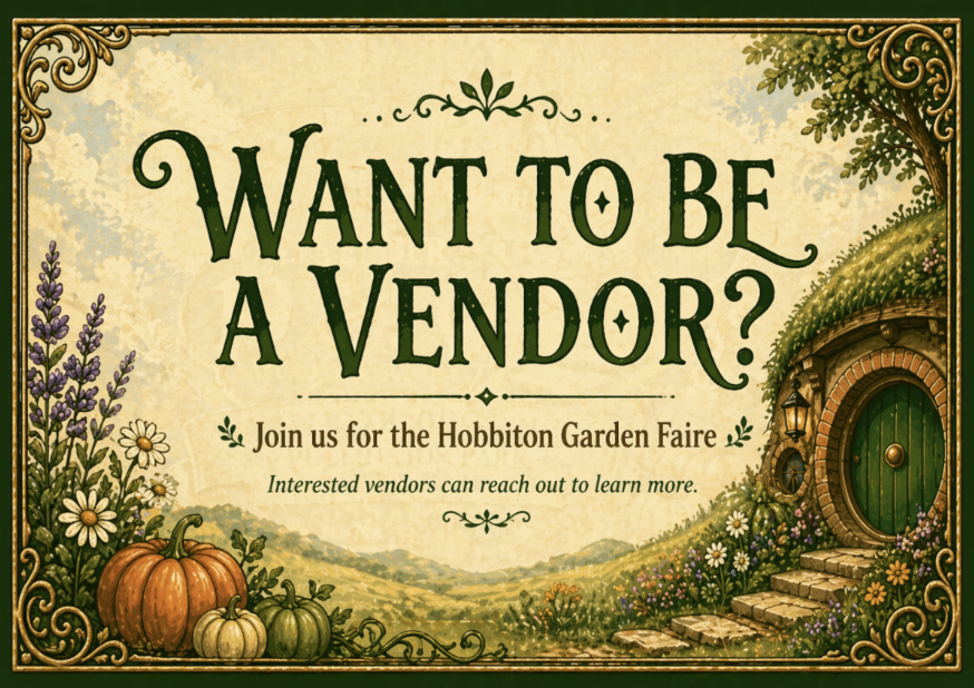 Vendor application poster for the Hobbiton Garden Faire at Burnett’s in Salem, CT, inviting food vendors, garden-themed vendors, seasonal décor vendors, handmade goods vendors, and Hobbiton-inspired vendors to apply for the September 19 and 20 event.